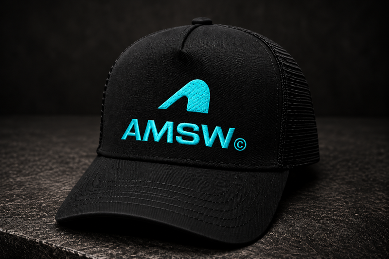 AMSW TRUCKER CAP | TURQUOISE STACK LOGO