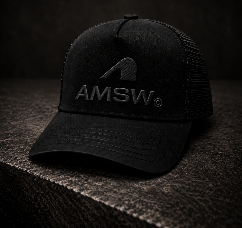 AMSW TRUCKER CAP | BLACK ON BLACK STACK LOGO